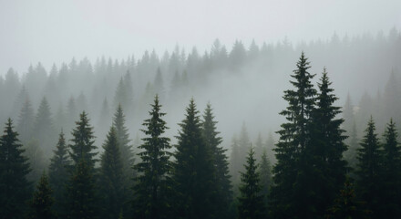 Misty coniferous forest with fog drifting between tall evergreen trees. Atmospheric woodland landscape with dense morning mist for nature meditation content