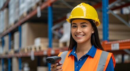 Smiling female warehouse worker using barcode scanner efficient logistics happy worker inventory management distribution center supply chain management industry worker hard hat safety
