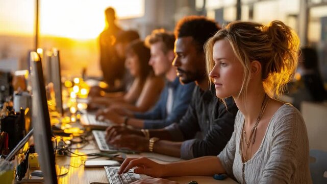 Productive Sunrise: A dynamic group of individuals engaged in focused work at their computers during a radiant sunrise, symbolizing innovation, collaboration, and a vibrant work ethic.