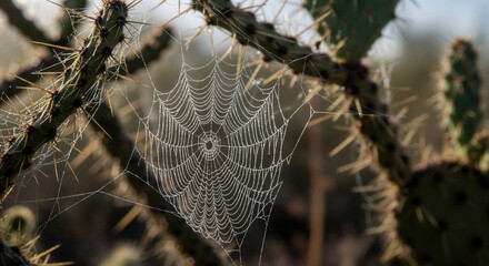 Spider web with dewdrops on cactus spines creating intricate geometric pattern. Arachnid structure for nature design and desert adaptation themes