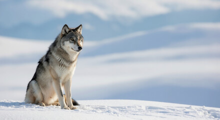 Fototapeta premium Wolf sitting alert in snowy landscape with mountains background during winter season. Wild predator for wildlife conservation and arctic ecosystem themes