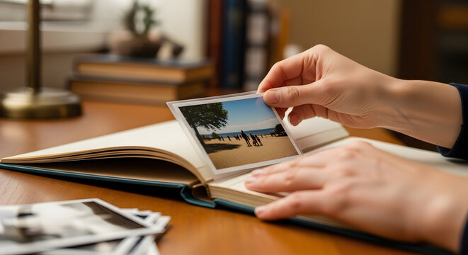 Woman looking at old photos in a photo album remembering past memories summer vacation travel nostalgia family trip childhood friends happy moments