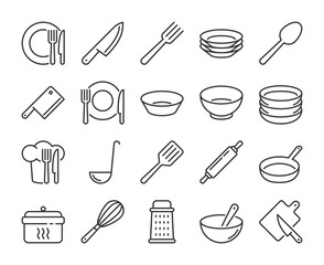 Kitchen tools icons. Cooking utensils line icon set. Editable Stroke.