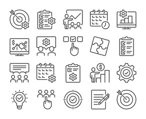 Action plan icons. Action plan and Strategies line icon set. Editable Stroke.