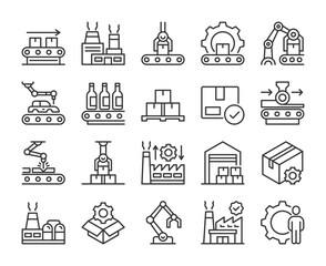 Factory icons. Factory building and Production line icon set. Editable Stroke.