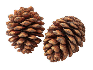 Two brown pine cones, close-up, against a black background