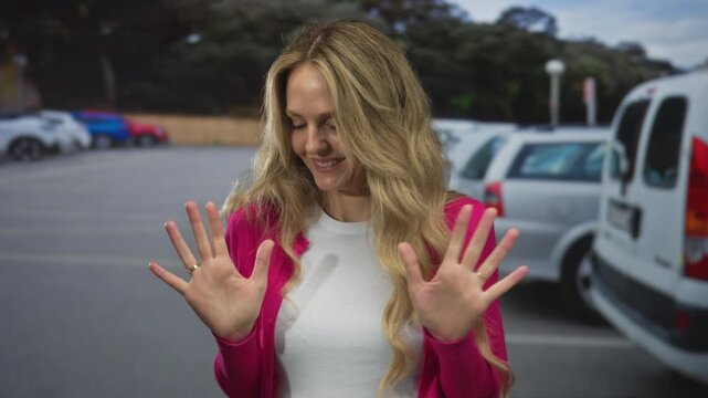 High contrast clip captures woman face disgust parking lot scenario involving young blonde car outdoors expression gesture vividly portraying revulsion.