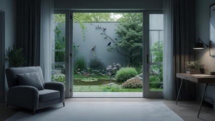 Fototapeta premium Interior with a garden view