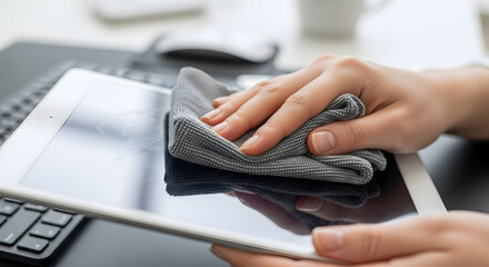 Cleaning tablet screen hygiene health safety workspace office digital device technology clean wipe microfiber cloth maintain
