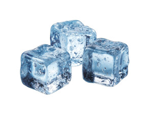 Three square ice cubes, translucent, slightly wet