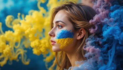 A woman with a ukraine painted flag on her cheek