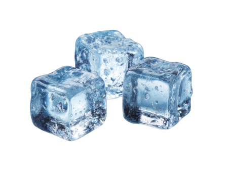 Three square ice cubes, translucent, slightly wet