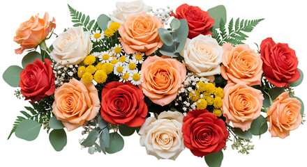 Beautiful mixed flower arrangement with roses and greenery isolated on transparent background