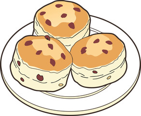 Three Cartoon Scones with Raisins on a Plate: Vector Illustration.