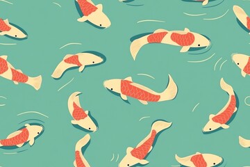 Fototapeta premium Cartoonish depiction of multiple carp with cream/red bodies in a teal-colored water background