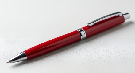 A red ballpoint pen with silver accents lies diagonally on a textured white surface, casting a soft shadow.