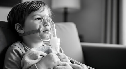 Young child receiving a breathing treatment with a nebulizer mask at home. A poignant black and white portrait of childhood respiratory illness.