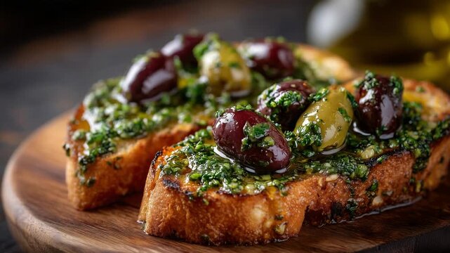 Savor Mediterranean bruschetta with olive oil-soaked ciabatta, green pesto, olives, and garlic, elegantly presented on a wooden board.