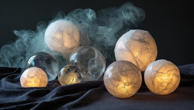Group Of Glowing Decorative Spheres On Dark Background
