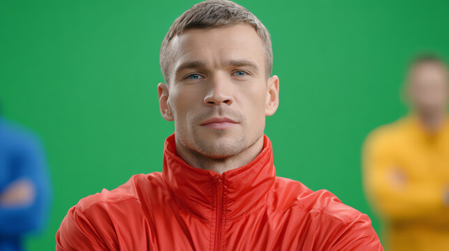 Confident athlete: A determined athlete stands front and center, radiating strength and focus. The vibrant backdrop underscores the essence of human excellence and tenacity.