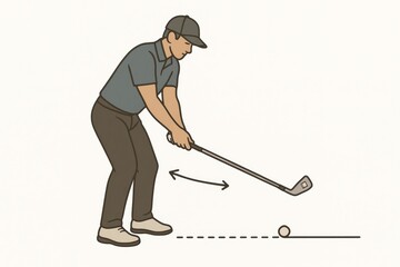 Golf learning vector front view with shaft parallel to ground toward target line, hips open, chest closed, flat lead wrist, weight shift arrow, dashed target line, muted tones, white background.