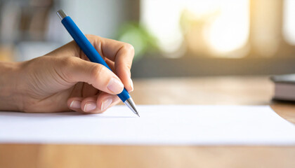 Close-up of a hand holding a pen and writing on a white sheet of paper in natural bright light. Perfect for concepts of education, business, creativity, and communication.