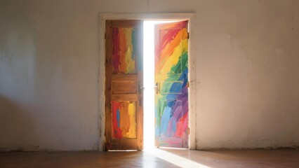 Wooden doors painted with rainbow colors opening to bright light concept of neurodiversity inclusion opportunity and positive future