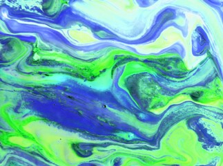 Abstract background of acrylic paint in blue and purple tones. Liquid marble texture