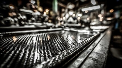 Close-up of a textured, dark, reflective surface in a dimly lit workshop environment