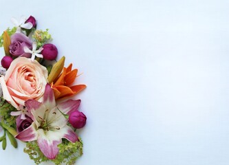 Beautiful flowers on white background. Flat lay, top view.