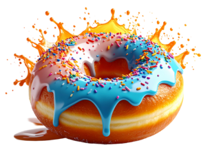 Delicious Glazed Donut with Colorful Sprinkles and Juice Splash: Vibrant Pastry Photography