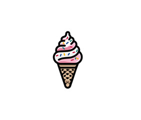 Simple, stylized ice cream cone graphic.  Pink ice cream swirl in a waffle cone, topped with white frosting and colorful sprinkles.  Solid black background