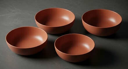 Minimalist Four Ceramic Bowls Arranged on a Dark Surface for Modern Tableware