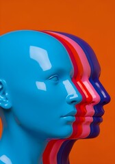 Row of colorful mannequin heads symbolizing diversity neurodiversity inclusion and unique cognitive perspectives in modern conceptual art