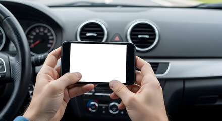 Hands holding smartphone blank screen in car modern technology travel navigation GPS app mobile device driver journey commute road trip