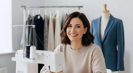 Smiling female fashion designer at work in her studio happy confident entrepreneur small business owner sewing machine clothes design atelier tailor fashion industry creativity