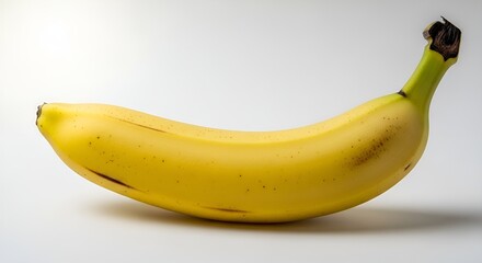 A single, ripe yellow banana with slight brown spots lies horizontally on a white surface, casting a soft shadow.