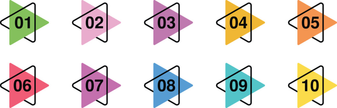 Vector set of numbered bullet points from 1 to 10, perfect for lists, infographics, presentations, and educational materials.