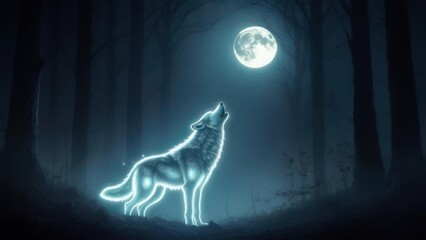 Luminous Spirit Wolf Howling its Ethereal Song to the Full Moon's Glow
