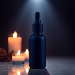 Dark bottle with candles, and spa ambiance.
