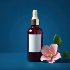 Dark bottle serum with pink flower.