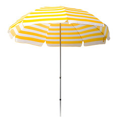Fototapeta premium Bright yellow and white striped beach umbrella with a tall white pole isolated on transparent background