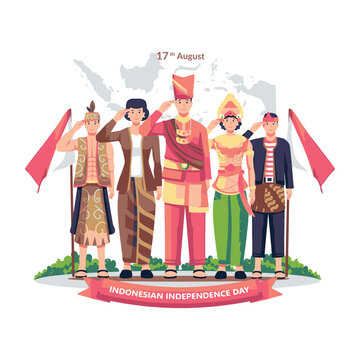 Diverse group of Indonesian people in traditional clothing saluting for Independence Day. A patriotic illustration of national unity and culture.