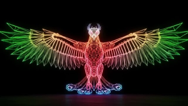 Neon Eagle Wings Spread - A vibrant, multicolored neon eagle is depicted with its wings spread wide, appearing as a wireframe structure against a stark black background.