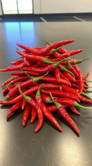 Red chili pepper pile on black surface with natural light reflection creating vibrant and fresh appearance