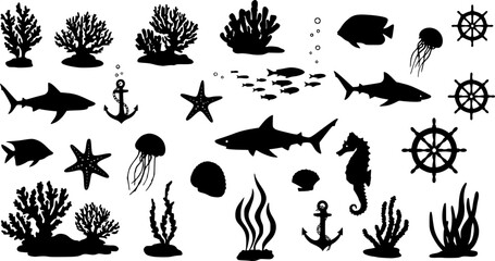 silhouettes of underwater scenes, including coral, seaweed, fish, sharks, jellyfish, seahorses, anchors, and ship wheels, against a white background, high contrast, monochrome