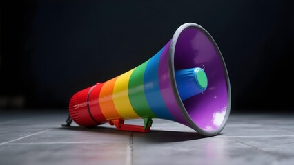 Rainbow painted megaphone on floor symbolizing inclusion pride advocacy and awareness for neurodiversity mental health and autism spectrum community support