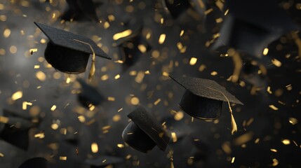 Graduation caps soar amidst a shower of golden confetti, symbolizing achievement and the joyous celebration of academic success.