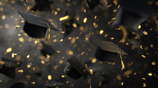 Graduation caps soar amidst a shower of golden confetti, symbolizing achievement and the joyous celebration of academic success.