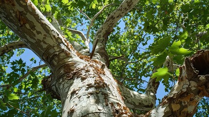 Fototapeta premium Majestic Sycamore Trees: Iconic Species with Large, Lobed Leaves, Smooth White Bark, and Spreading Canopies, Thriving in Urban Parks, Woodlands, and Riverbanks, Capturing Natural Beauty for Botanical 
